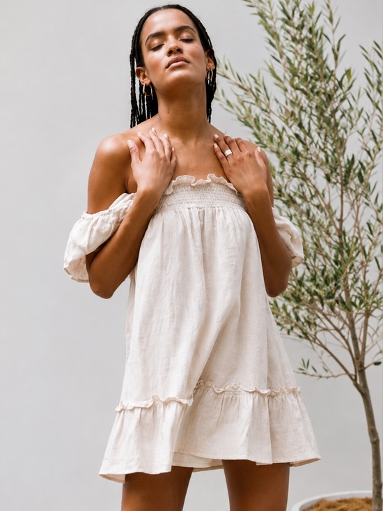 Sabo Skirt Dresses & Skirts - SABO SKIRT Ranetta Linen Blend Mini Dress Size 4 Beige Off Shoulder Babydoll